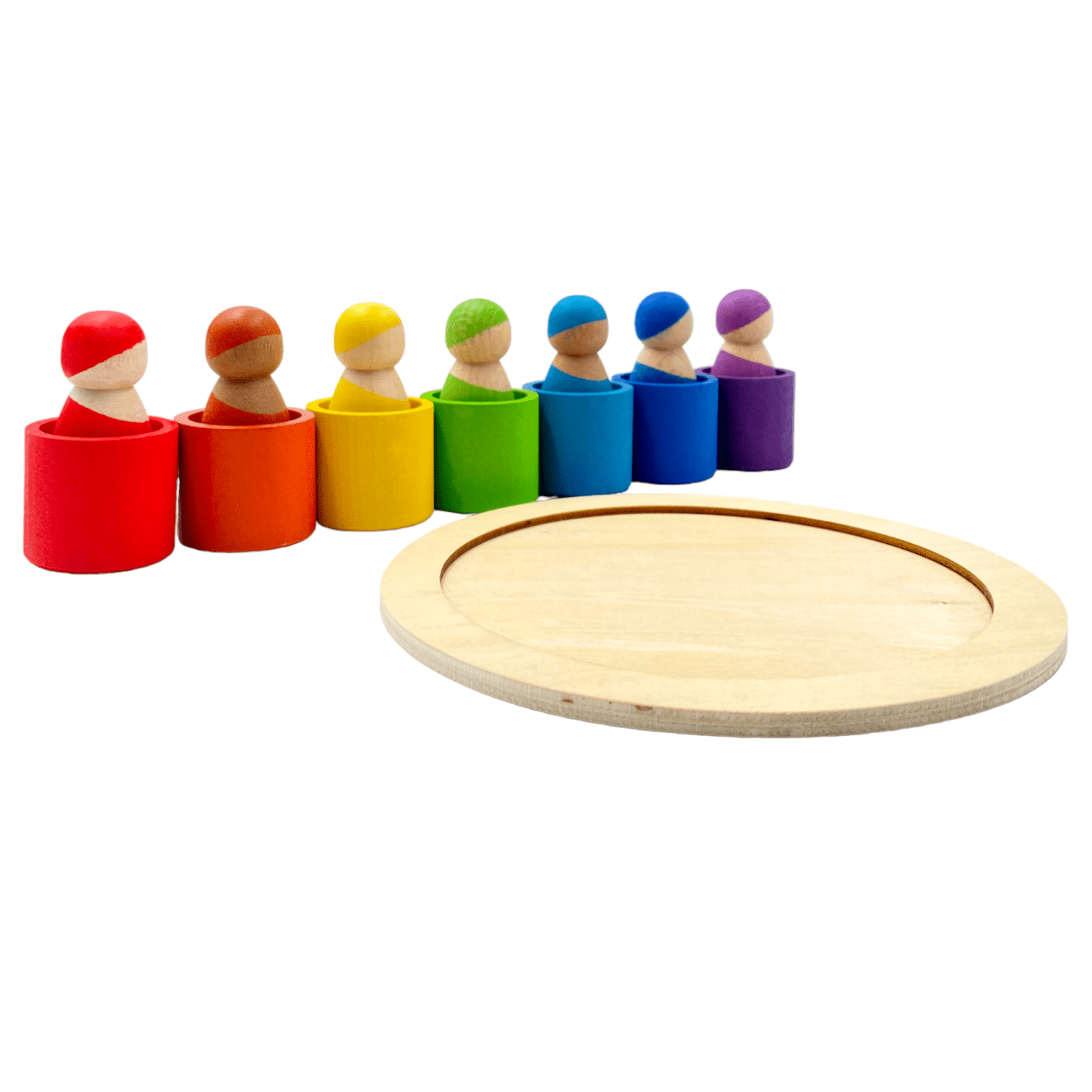 7 Different Skin Stones Stained Rainbow Wooden Peg Dolls in Bowls - The Nurturing Nook
