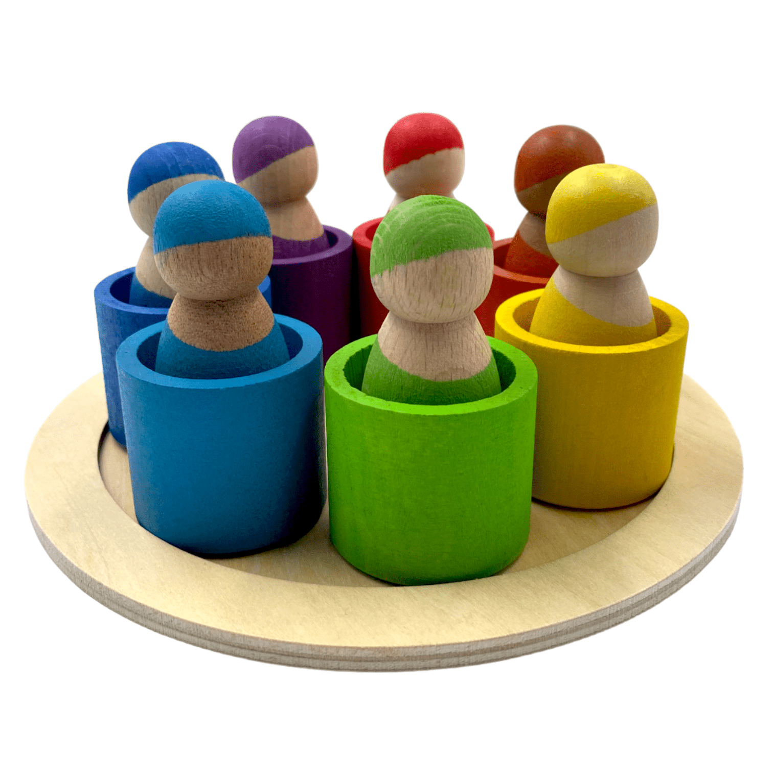 7 Different Skin Stones Stained Rainbow Wooden Peg Dolls in Bowls - The Nurturing Nook