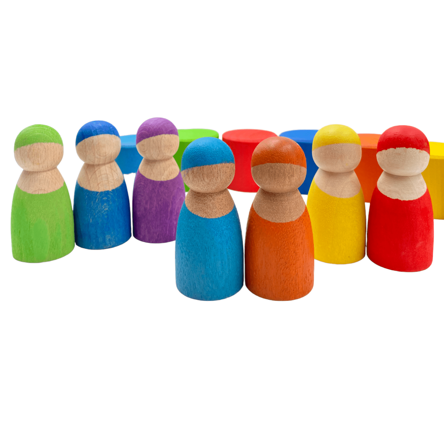 7 Different Skin Stones Stained Rainbow Wooden Peg Dolls in Bowls - The Nurturing Nook