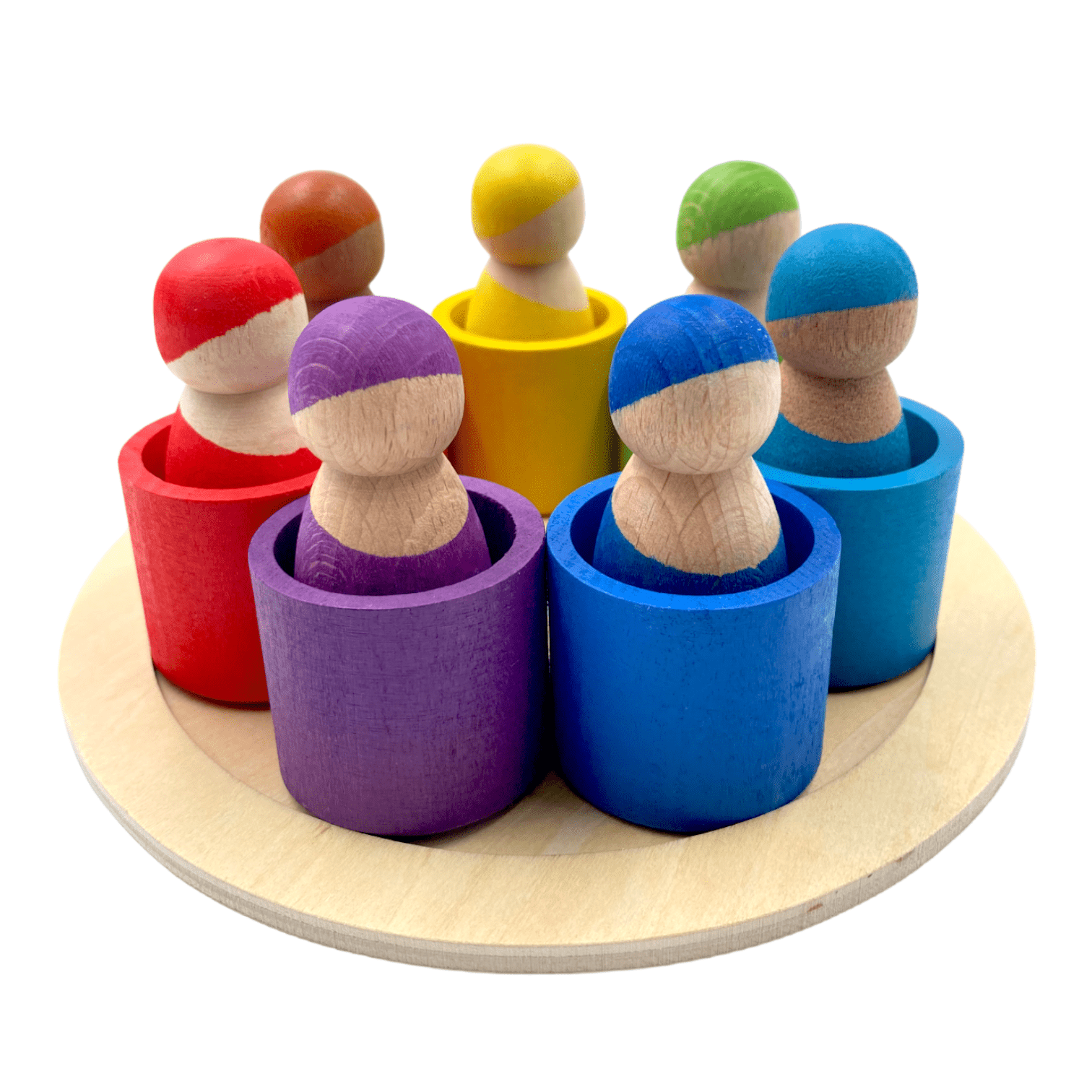 7 Different Skin Stones Stained Rainbow Wooden Peg Dolls in Bowls - The Nurturing Nook