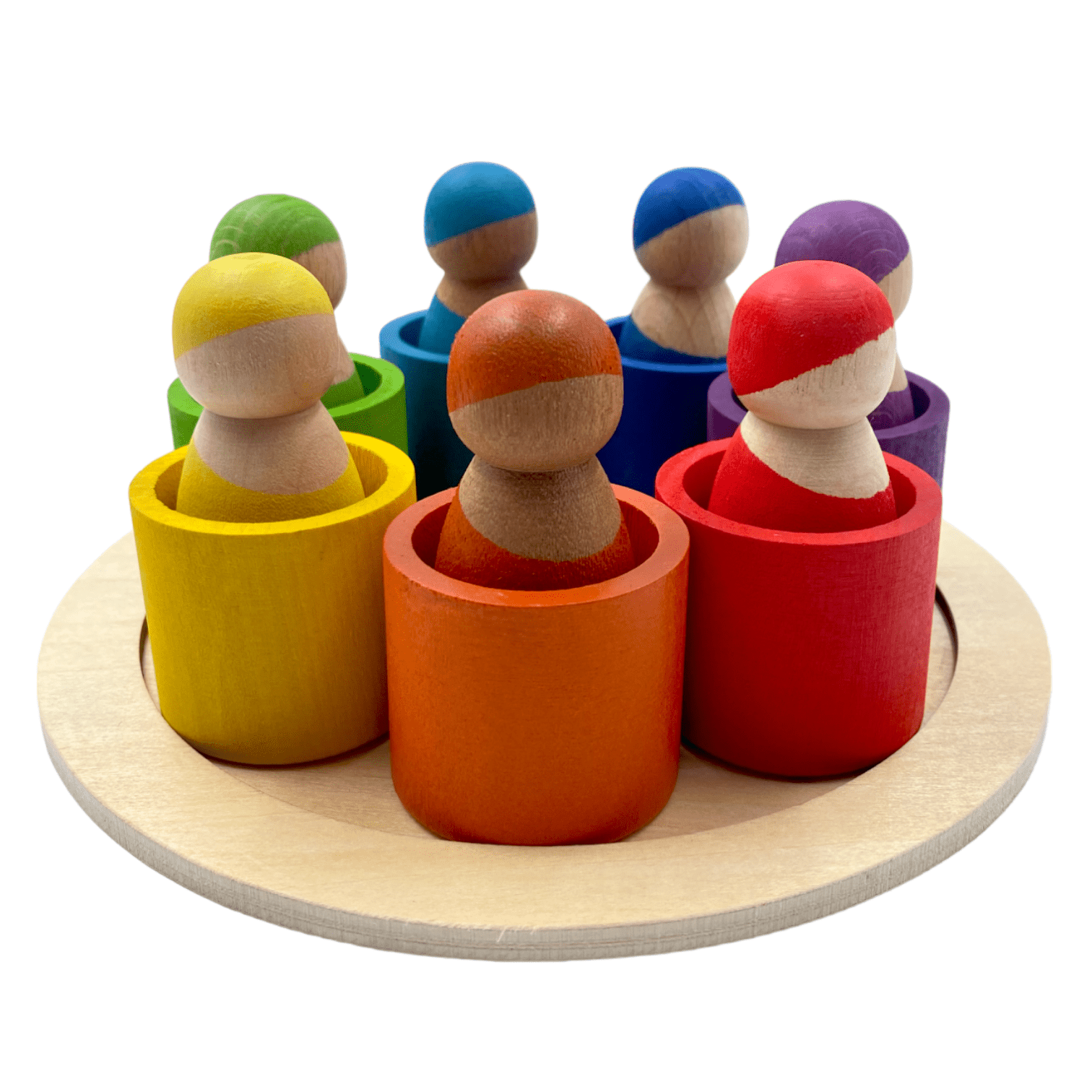7 Different Skin Stones Stained Rainbow Wooden Peg Dolls in Bowls - The Nurturing Nook