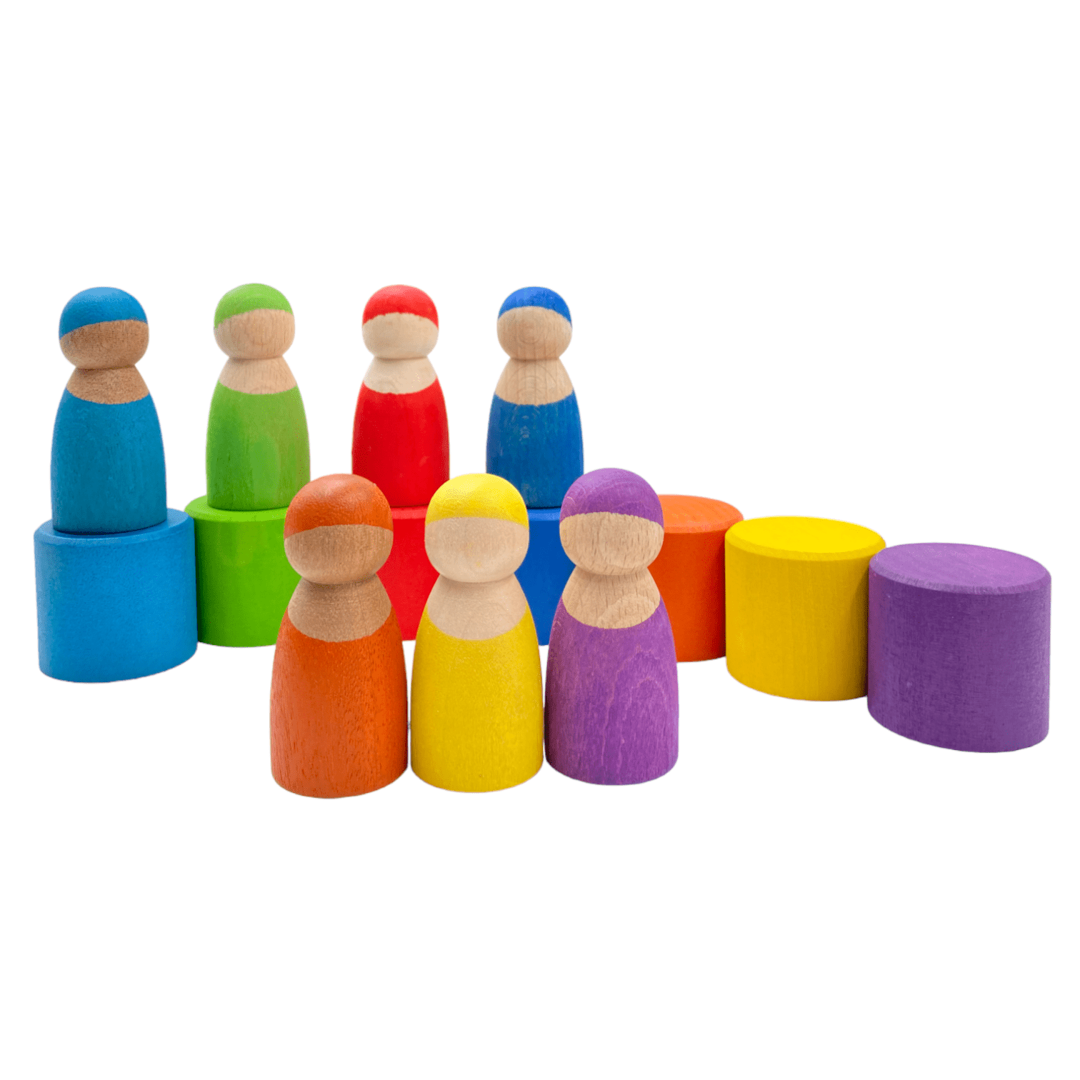 7 Different Skin Stones Stained Rainbow Wooden Peg Dolls in Bowls - The Nurturing Nook