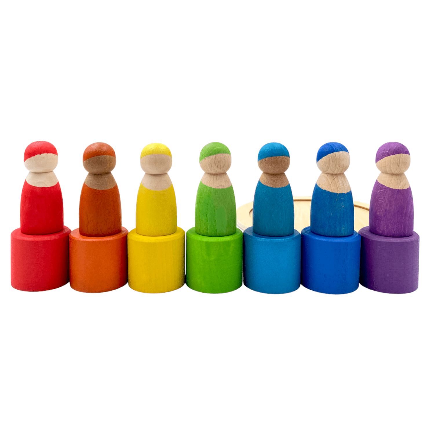 7 Different Skin Stones Stained Rainbow Wooden Peg Dolls in Bowls - The Nurturing Nook
