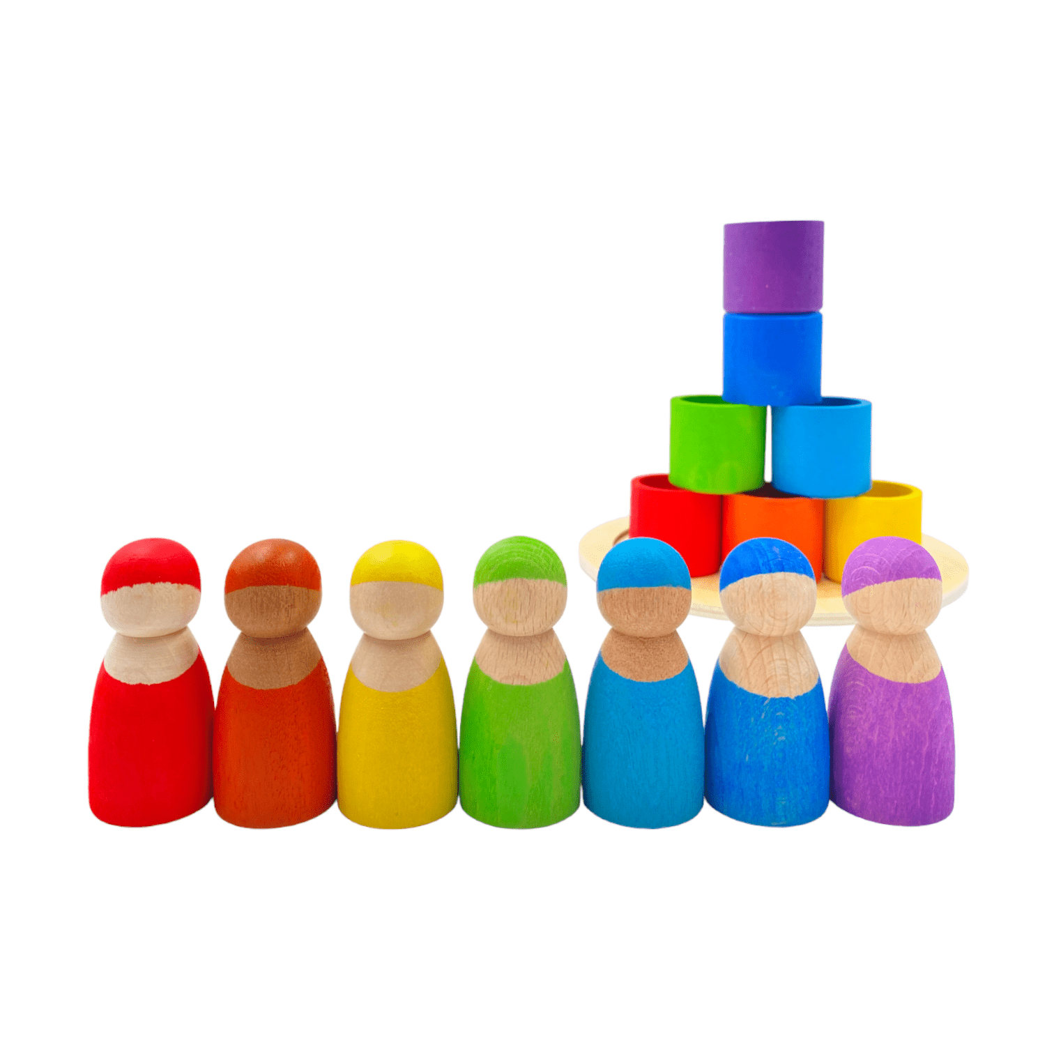 7 Different Skin Stones Stained Rainbow Wooden Peg Dolls in Bowls - The Nurturing Nook