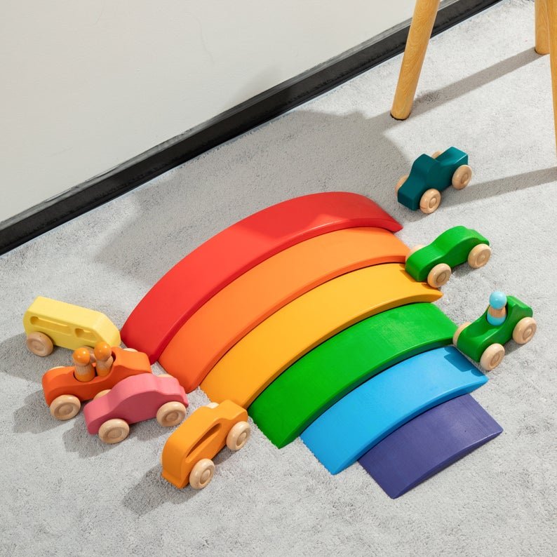 7 Pcs Colored Wooden Rainbow Cars Set with 3 pcs Peg Dolls - The Nurturing Nook