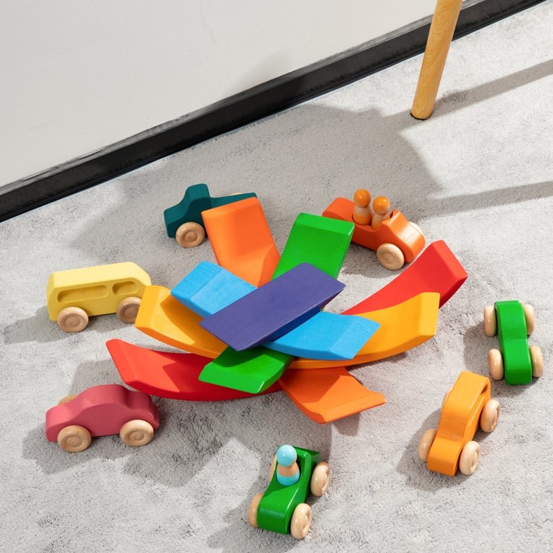 7 Pcs Colored Wooden Rainbow Cars Set with 3 pcs Peg Dolls - The Nurturing Nook