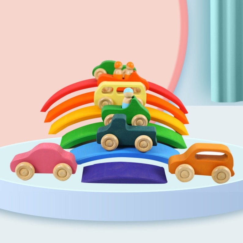 7 Pcs Colored Wooden Rainbow Cars Set with 3 pcs Peg Dolls - The Nurturing Nook