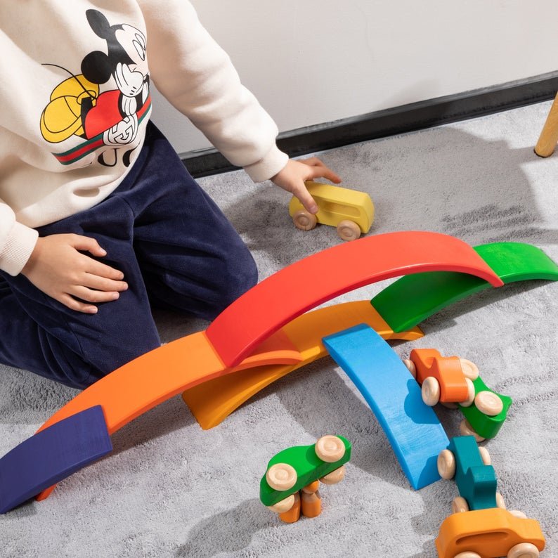 7 Pcs Colored Wooden Rainbow Cars Set with 3 pcs Peg Dolls - The Nurturing Nook