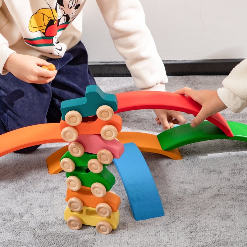 7 Pcs Colored Wooden Rainbow Cars Set with 3 pcs Peg Dolls - The Nurturing Nook