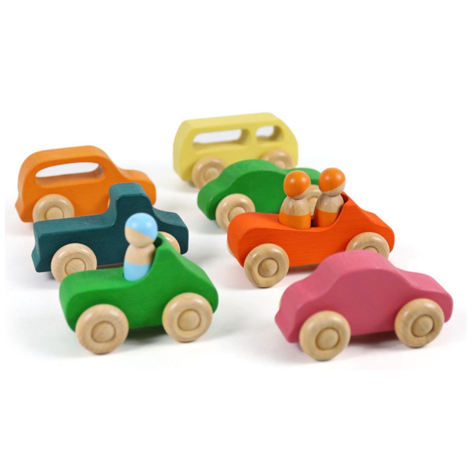 7 Pcs Colored Wooden Rainbow Cars Set with 3 pcs Peg Dolls - The Nurturing Nook