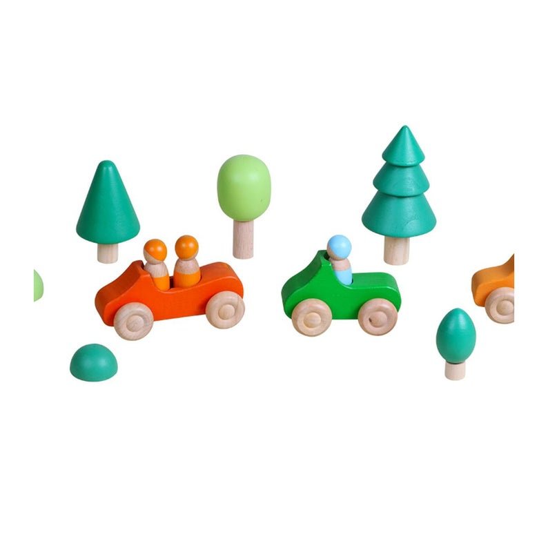 7 Pcs Colored Wooden Rainbow Cars Set with 3 pcs Peg Dolls - The Nurturing Nook