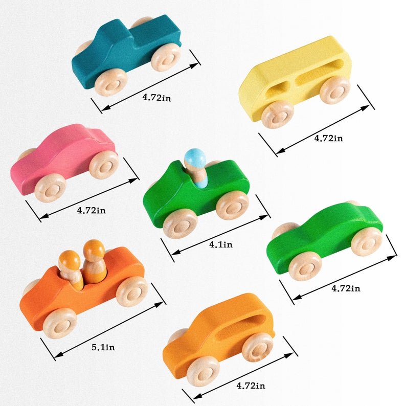 7 Pcs Colored Wooden Rainbow Cars Set with 3 pcs Peg Dolls - The Nurturing Nook