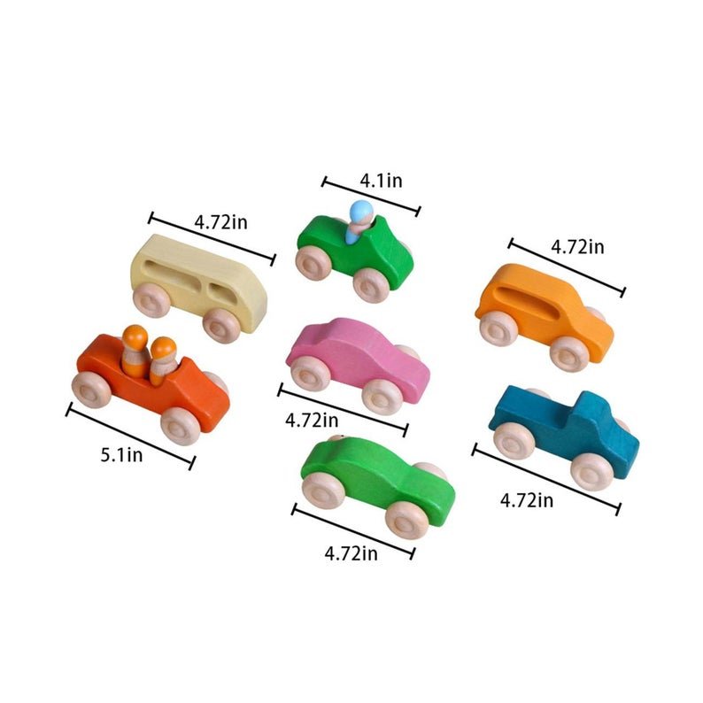 7 Pcs Natural Wooden Cars Set with 3 pcs Peg Dolls - The Nurturing Nook