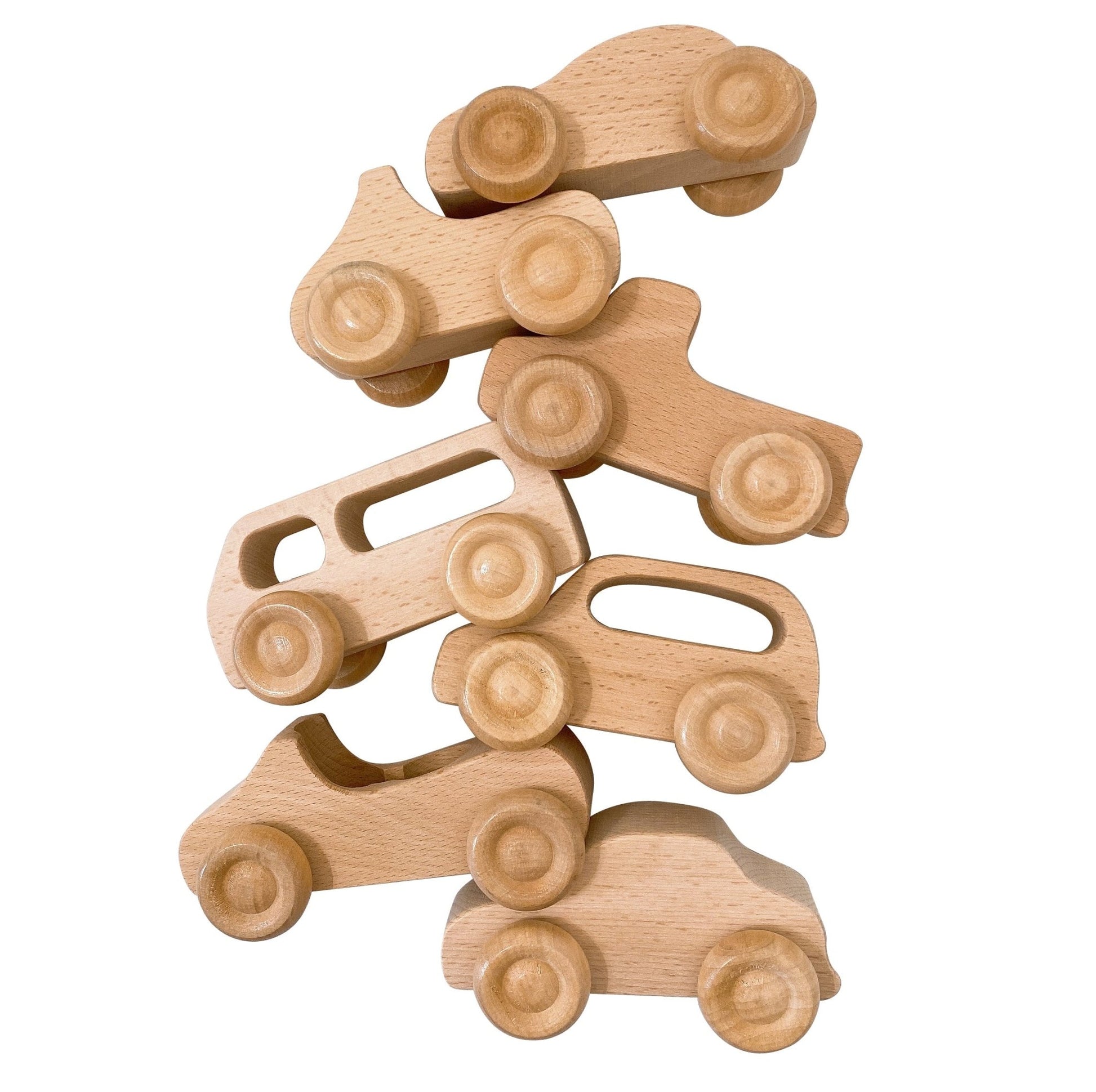 7 Pcs Natural Wooden Cars Set with 3 pcs Peg Dolls - The Nurturing Nook
