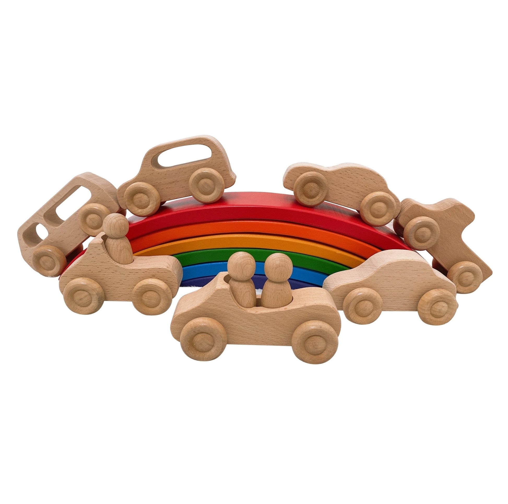 7 Pcs Natural Wooden Cars Set with 3 pcs Peg Dolls - The Nurturing Nook