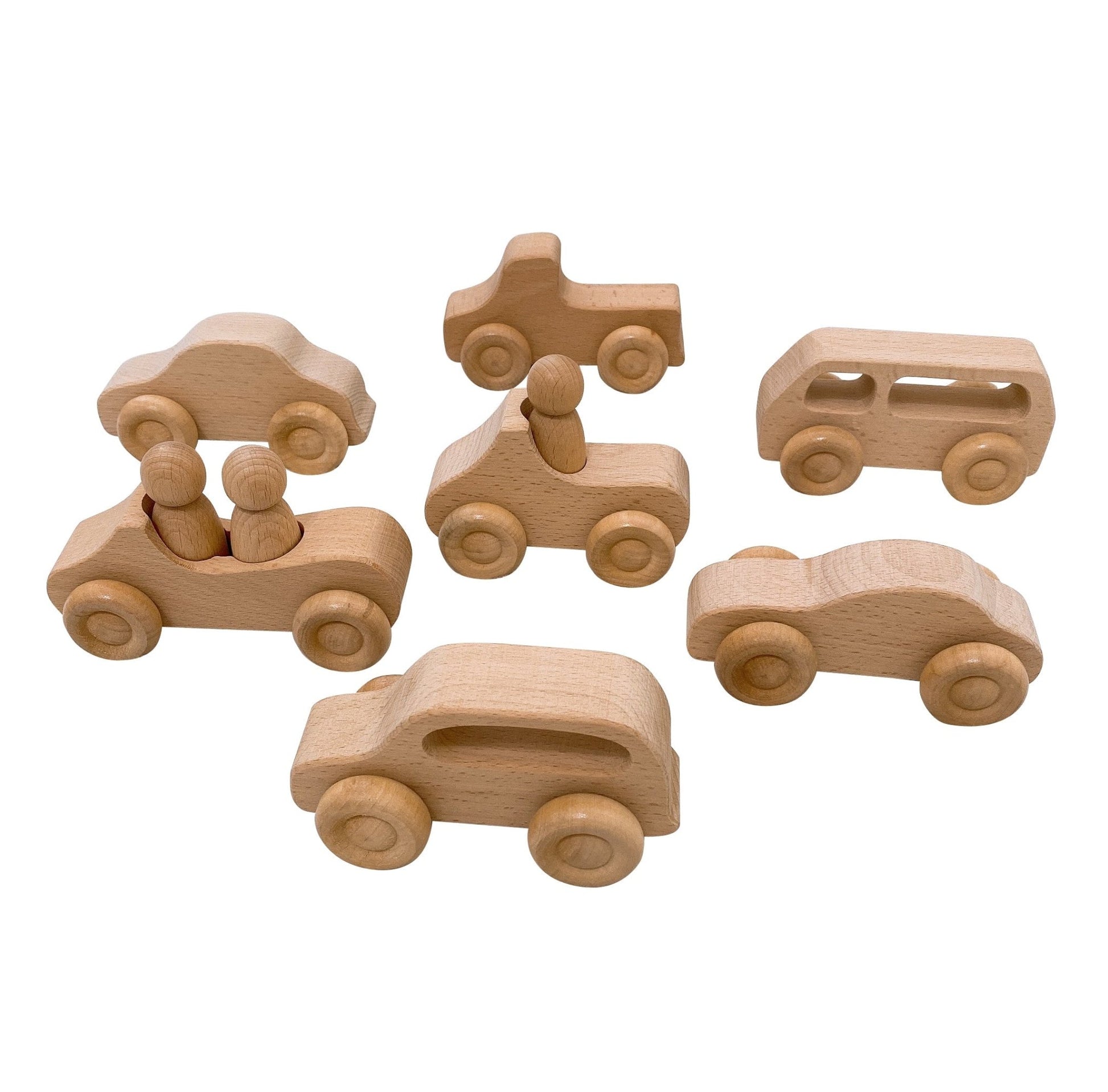 7 Pcs Natural Wooden Cars Set with 3 pcs Peg Dolls - The Nurturing Nook