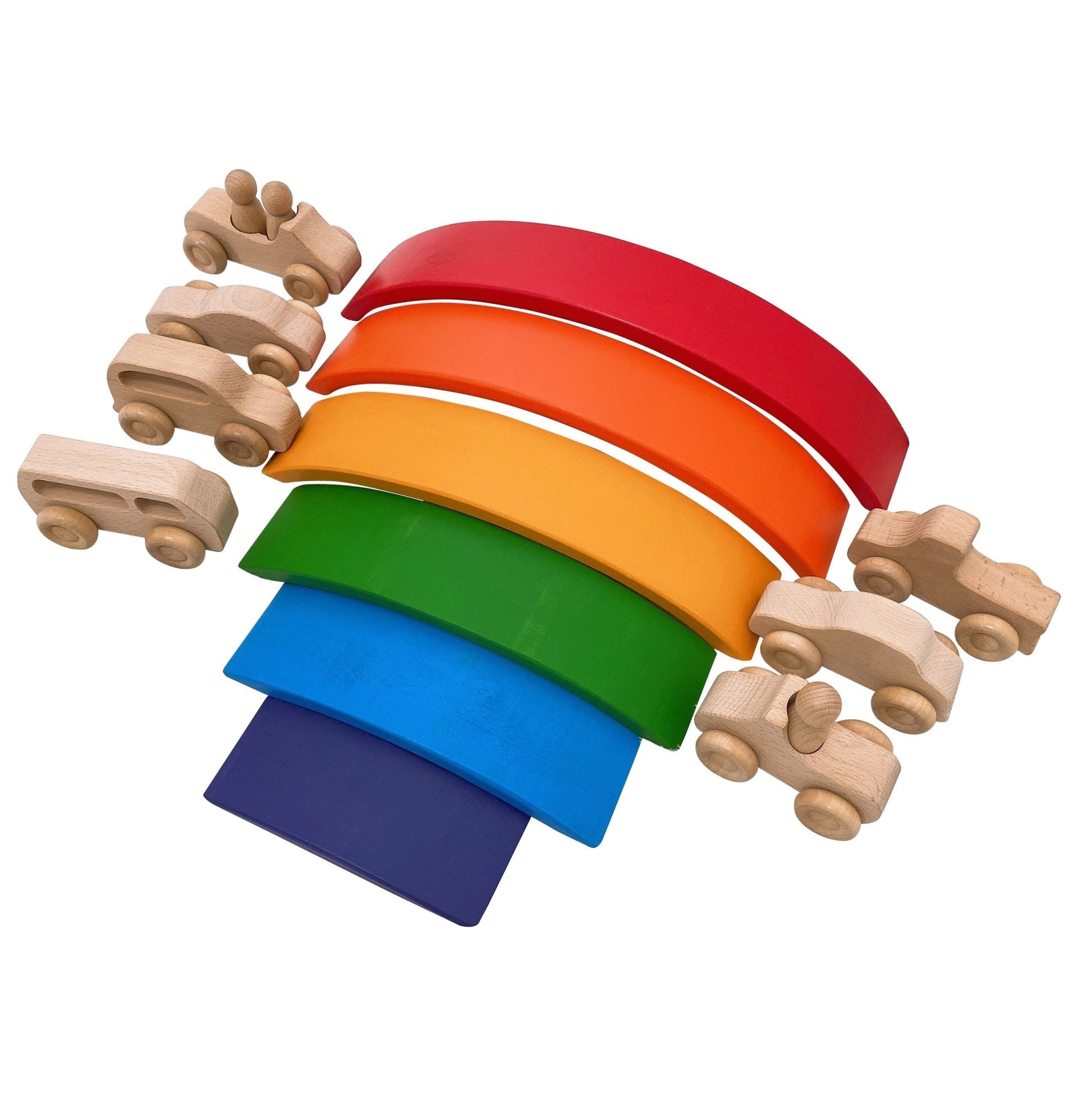 7 Pcs Natural Wooden Cars Set with 3 pcs Peg Dolls - The Nurturing Nook