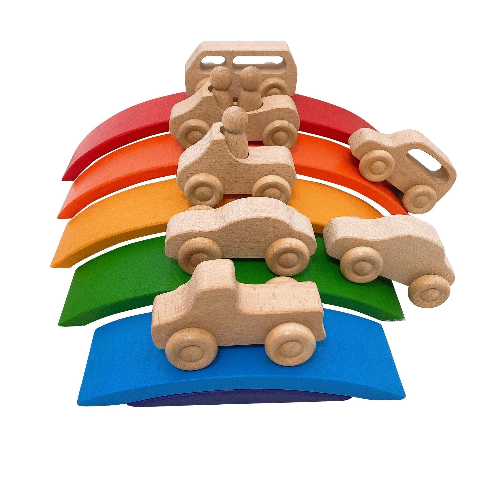 7 Pcs Natural Wooden Cars Set with 3 pcs Peg Dolls - The Nurturing Nook