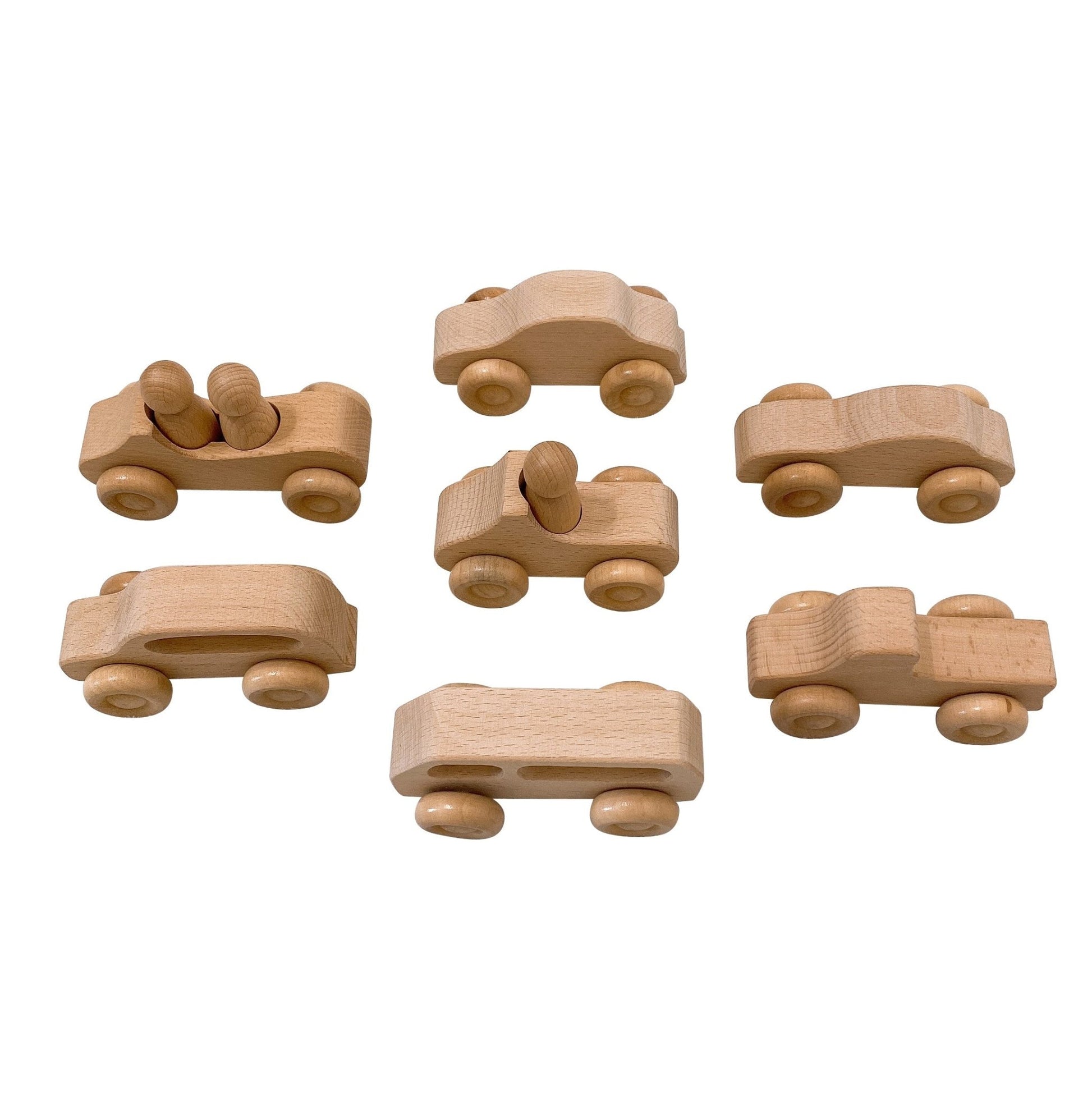 7 Pcs Natural Wooden Cars Set with 3 pcs Peg Dolls - The Nurturing Nook