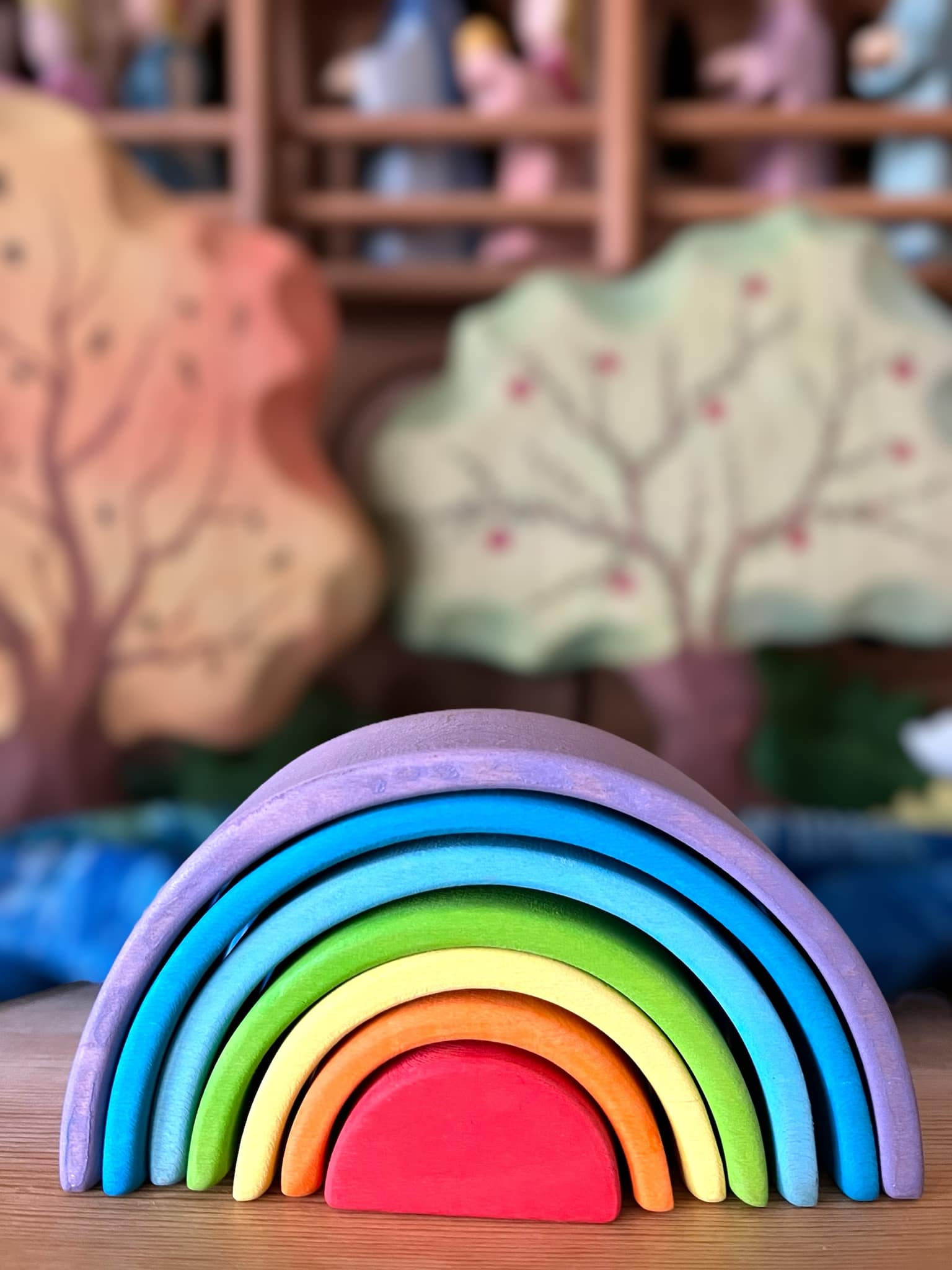7 Pcs STAINED Mini Wooden Rainbow Stacker in Stained Purple Sunset Color - The Nurturing Nook