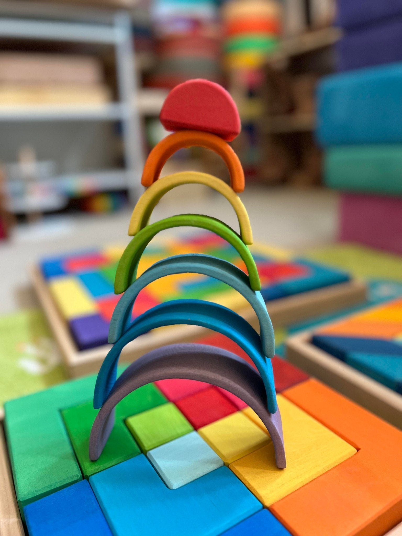 7 Pcs STAINED Mini Wooden Rainbow Stacker in Stained Purple Sunset Color - The Nurturing Nook