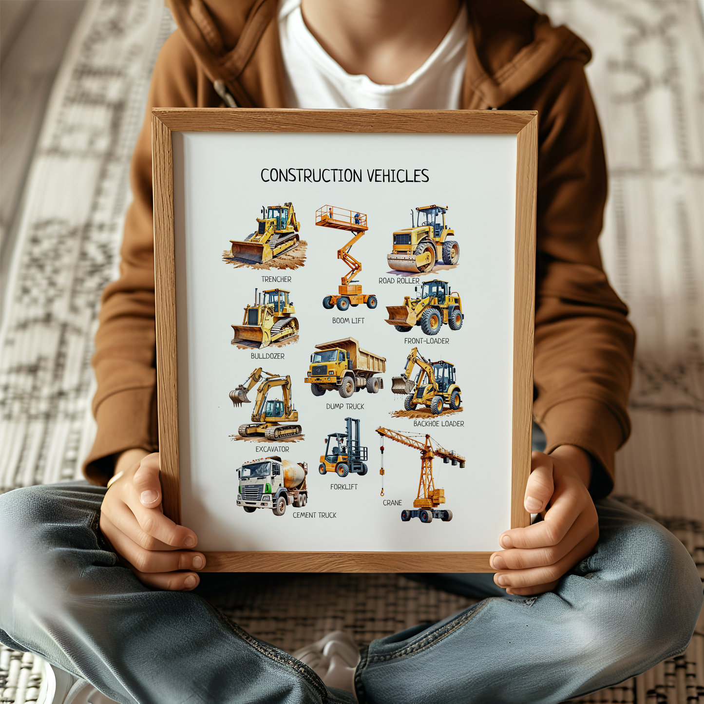 Construction Vehicles Poster - Educational Trucks Wall Art for Toddler Playroom, Montessori Classroom & Nursery | Digital Download