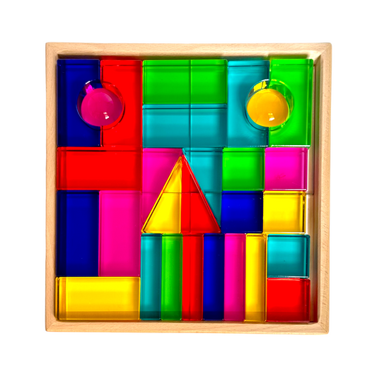**Pre-order (Ships in 2-3 Weeks)**28 Pcs Rainbow Translucent Acrylic Sensory Building Blocks with Storage Tray
