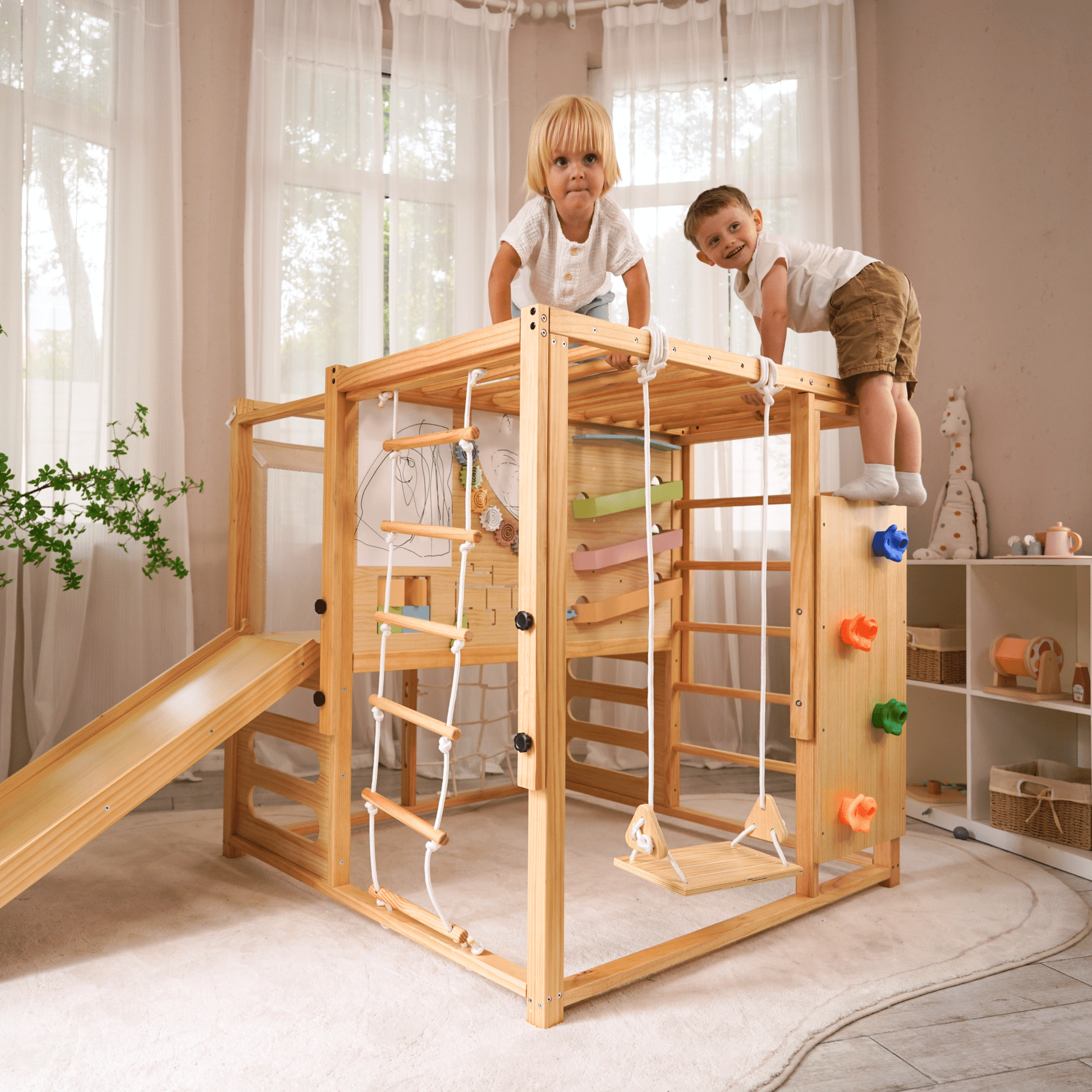 Alpine indoor climbing gym with slide and climbing wall - The Nurturing Nook