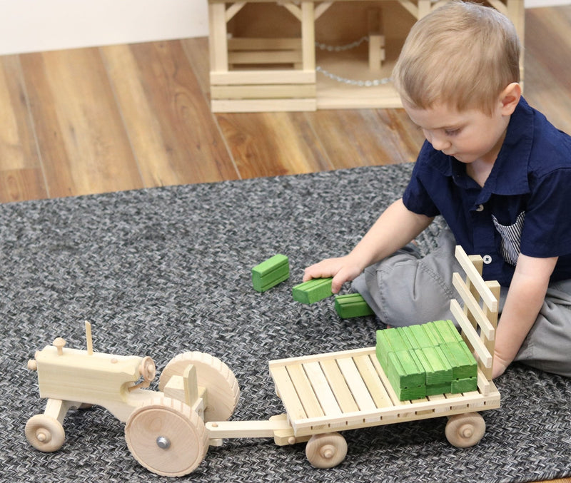 Amish-made Wooden toy tractor & hay wagon set with hay bales