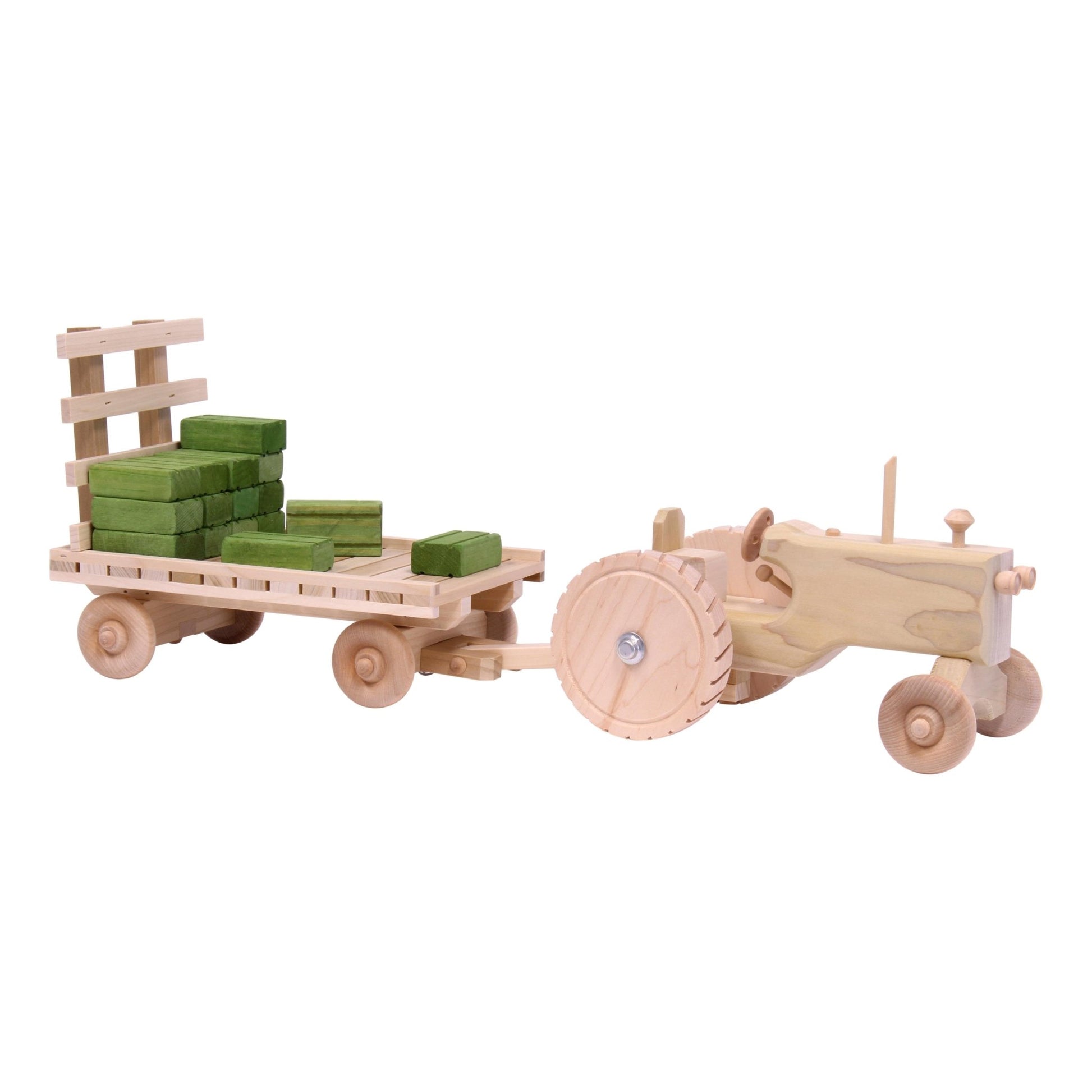 Amish - Made Wooden Toy Tractor & Hay Wagon Set with Hay Bales - The Nurturing Nook