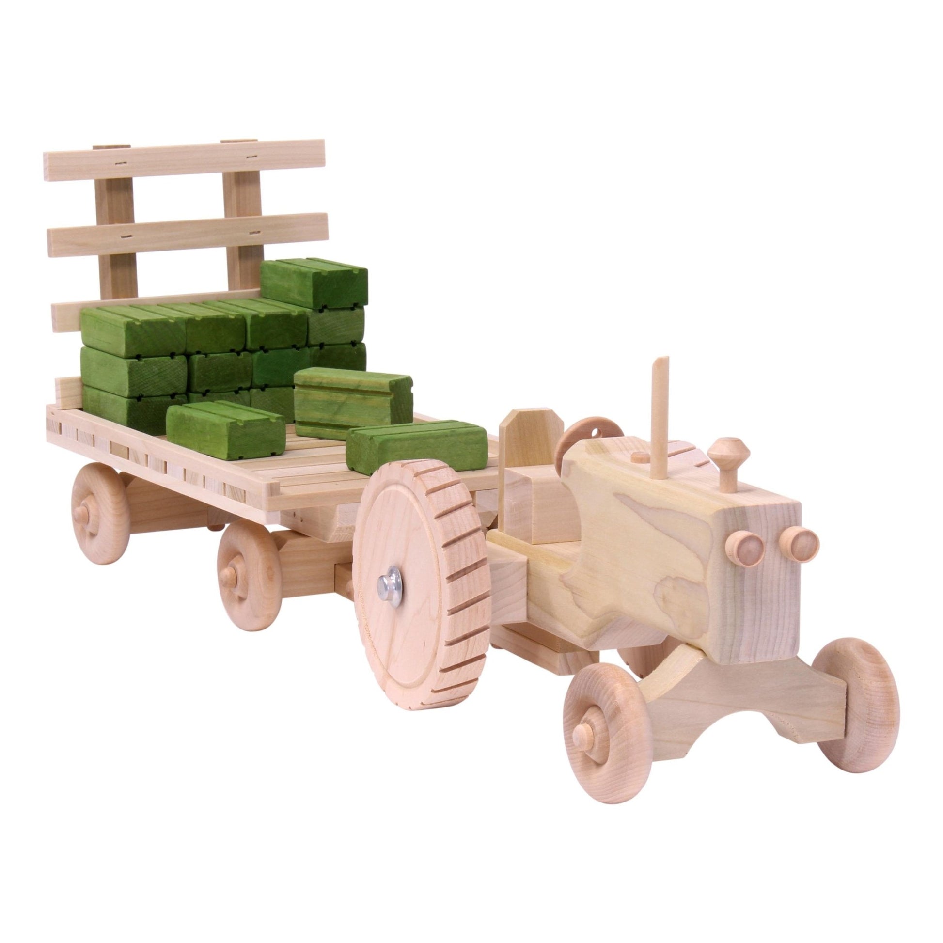 Amish - Made Wooden Toy Tractor & Hay Wagon Set with Hay Bales - The Nurturing Nook