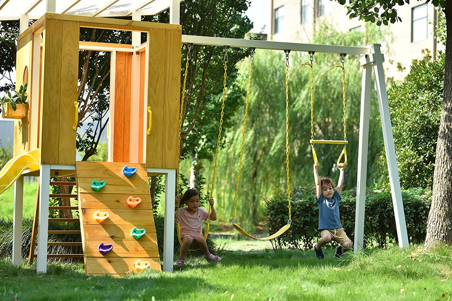 Backyard outdoor swing set with slide 2 swings & trapeze bar - The Nurturing Nook