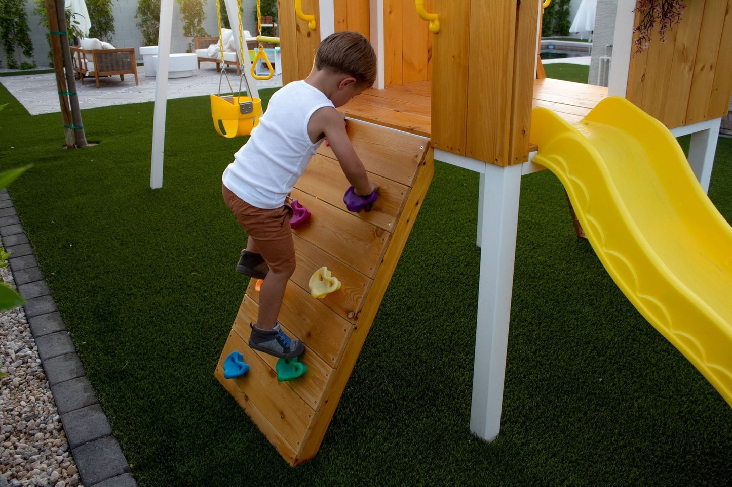 Backyard outdoor swing set with slide 2 swings & trapeze bar - The Nurturing Nook