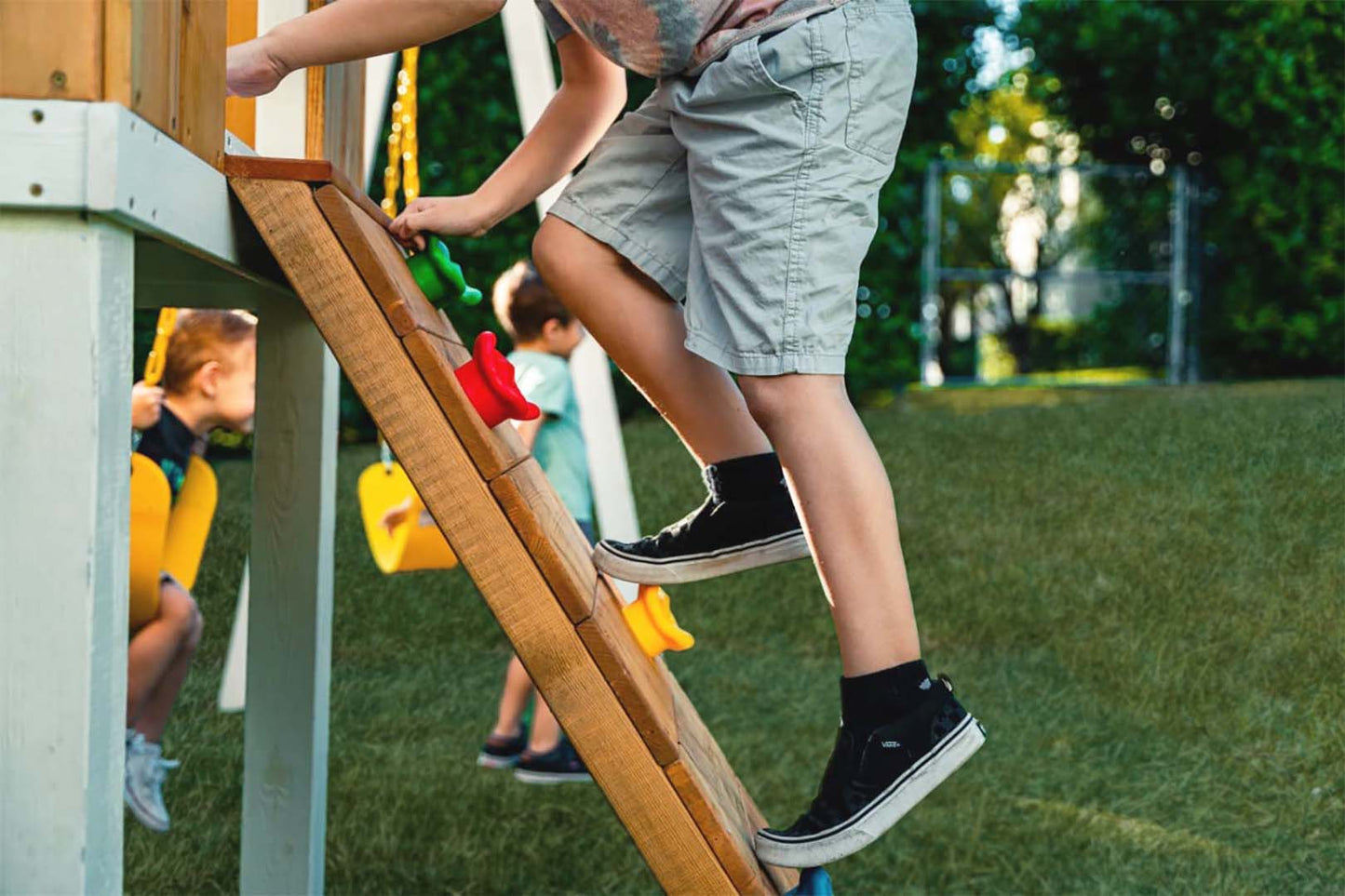 Backyard outdoor swing set with slide 2 swings & trapeze bar - The Nurturing Nook