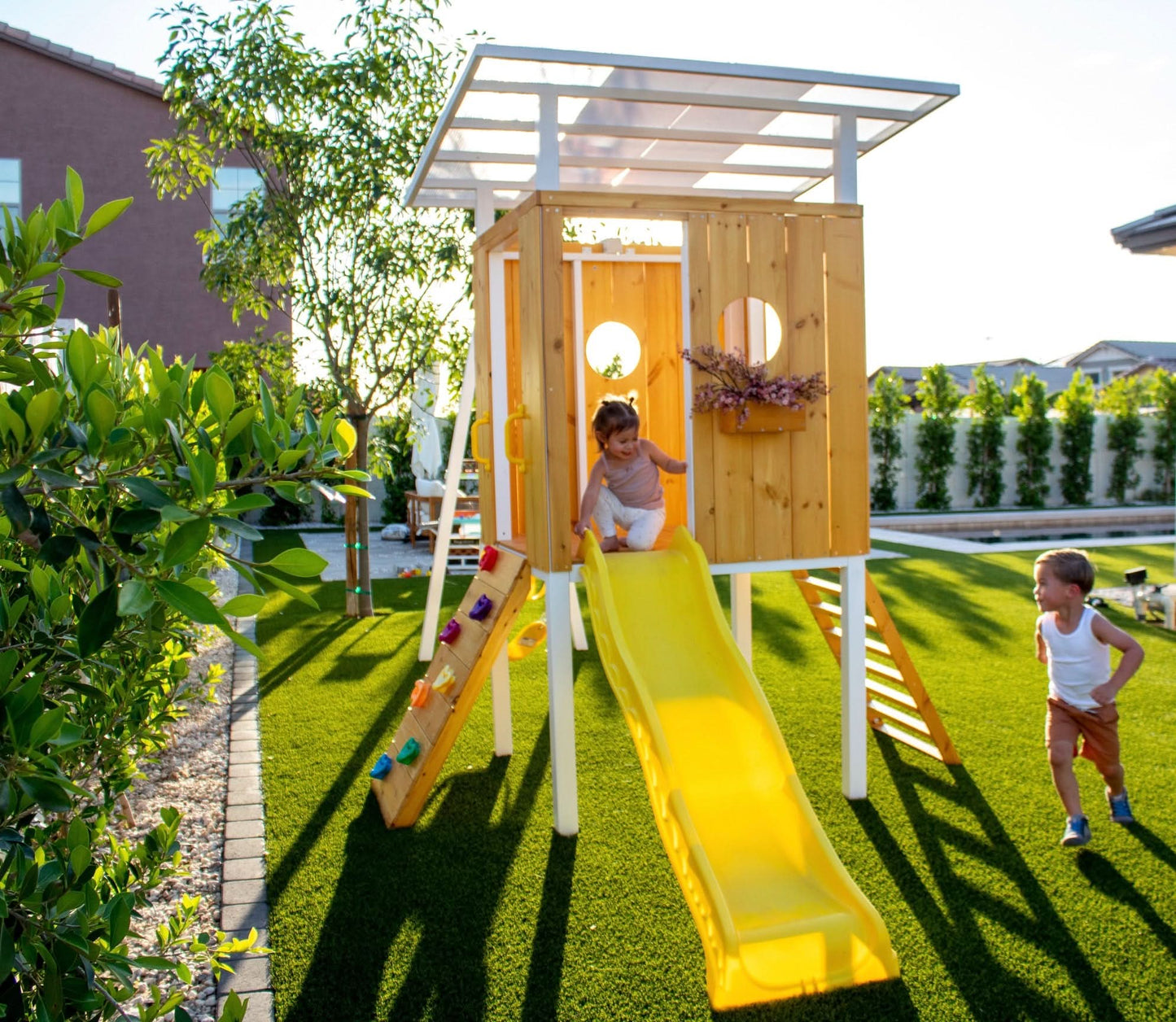 Backyard outdoor swing set with slide 2 swings & trapeze bar - The Nurturing Nook