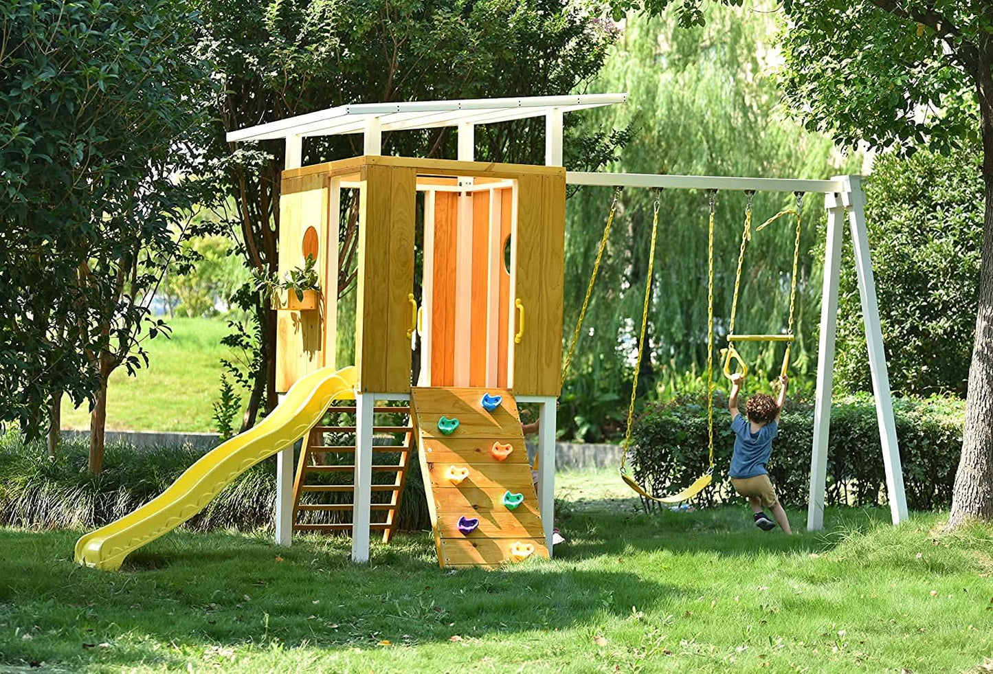 Backyard outdoor swing set with slide 2 swings & trapeze bar - The Nurturing Nook
