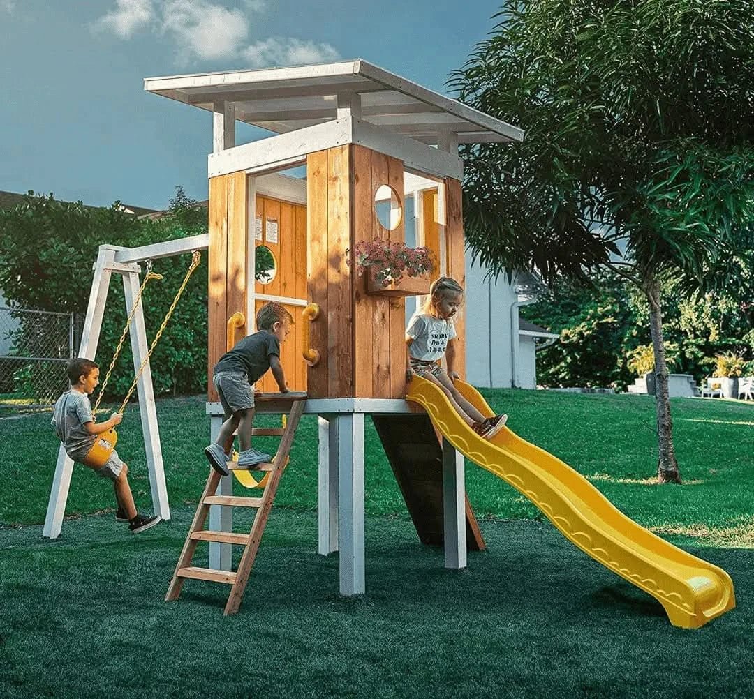 Backyard outdoor swing set with slide 2 swings & trapeze bar - The Nurturing Nook
