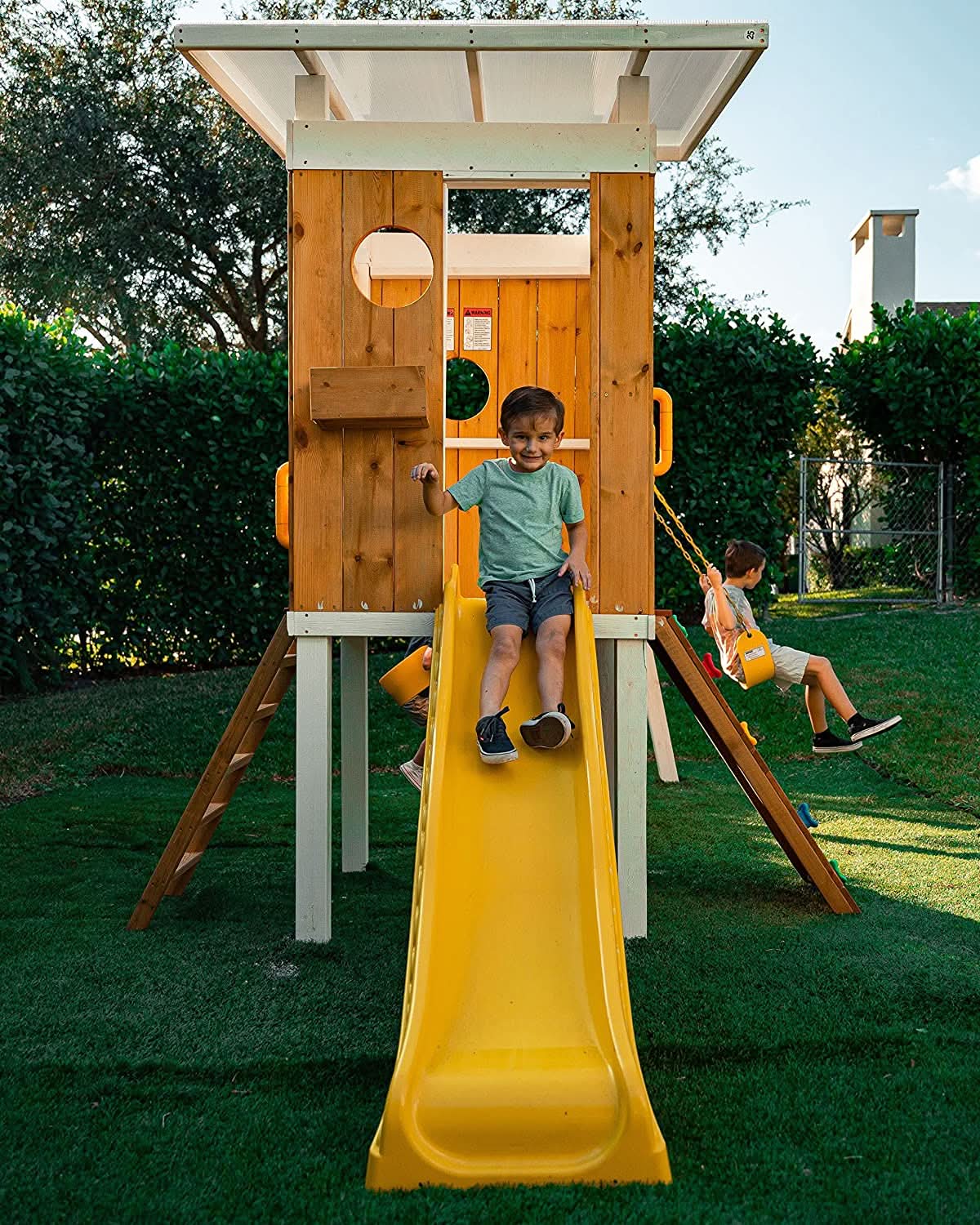 Backyard outdoor swing set with slide 2 swings & trapeze bar - The Nurturing Nook