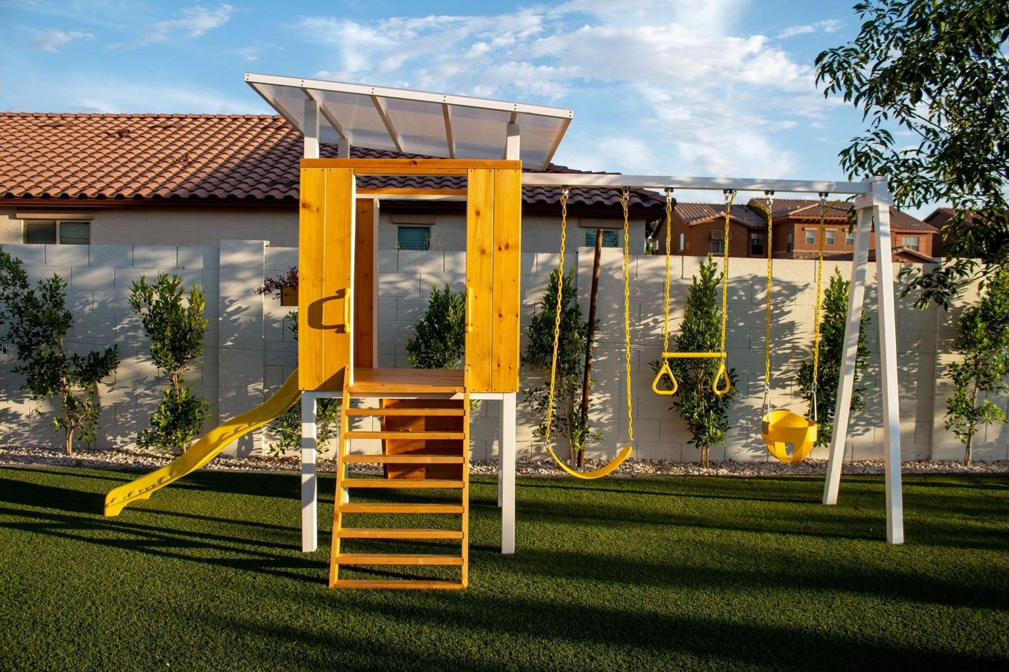 Backyard outdoor swing set with slide 2 swings & trapeze bar - The Nurturing Nook