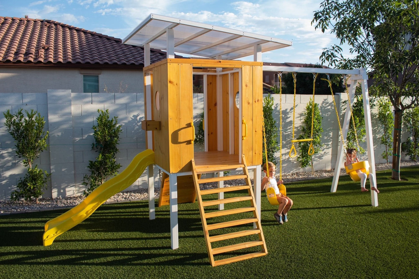 Backyard outdoor swing set with slide 2 swings & trapeze bar - The Nurturing Nook