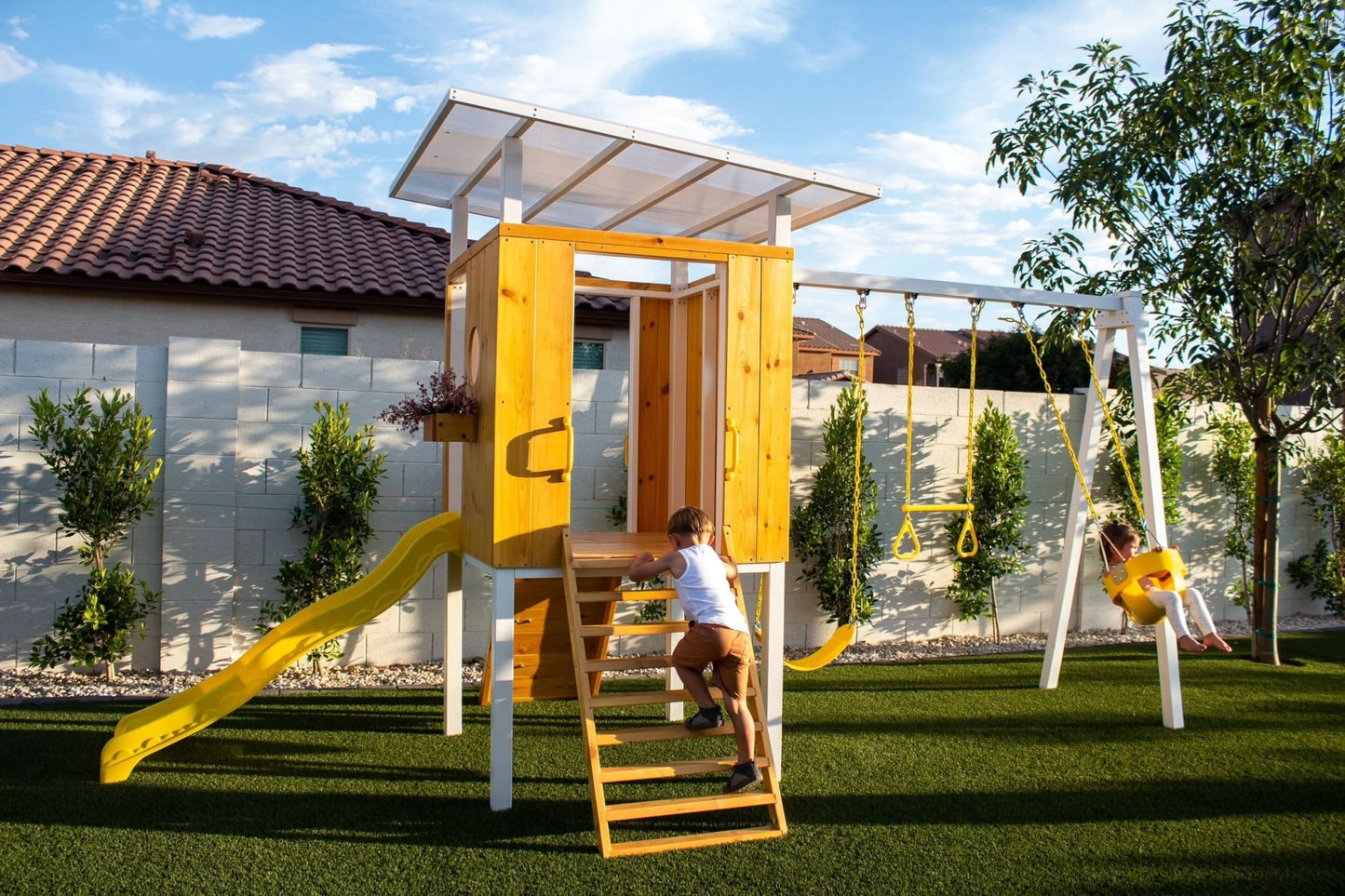 Backyard outdoor swing set with slide 2 swings & trapeze bar - The Nurturing Nook