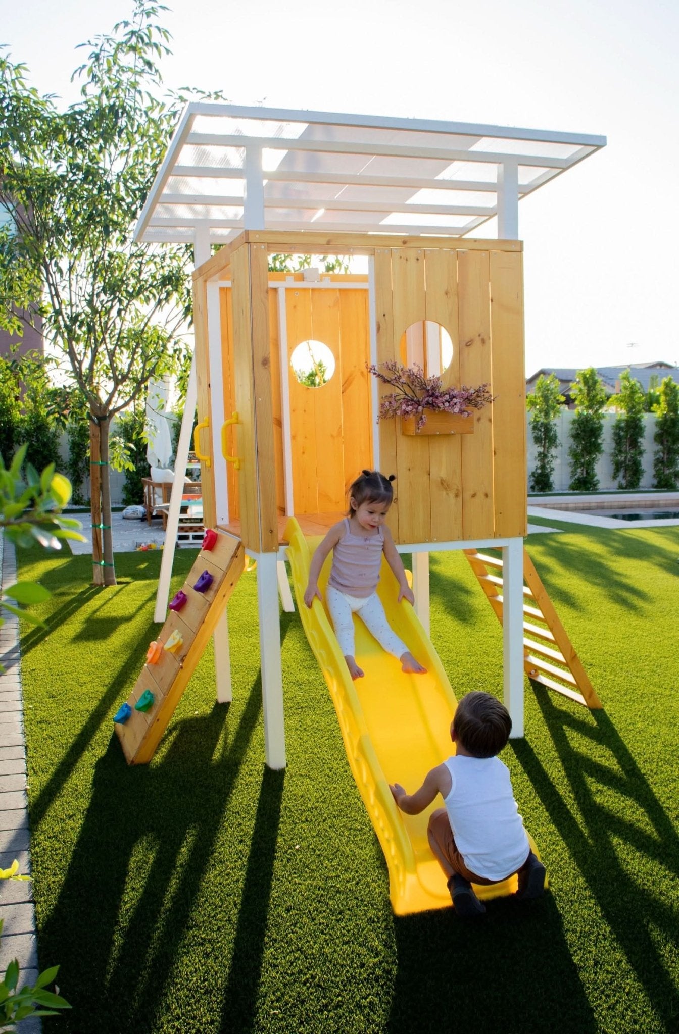 Backyard outdoor swing set with slide 2 swings & trapeze bar - The Nurturing Nook