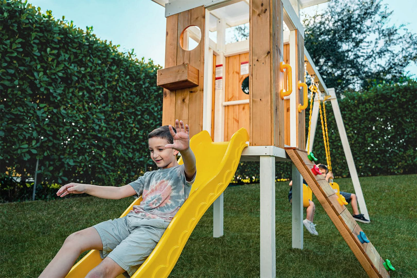 Backyard outdoor swing set with slide 2 swings & trapeze bar - The Nurturing Nook