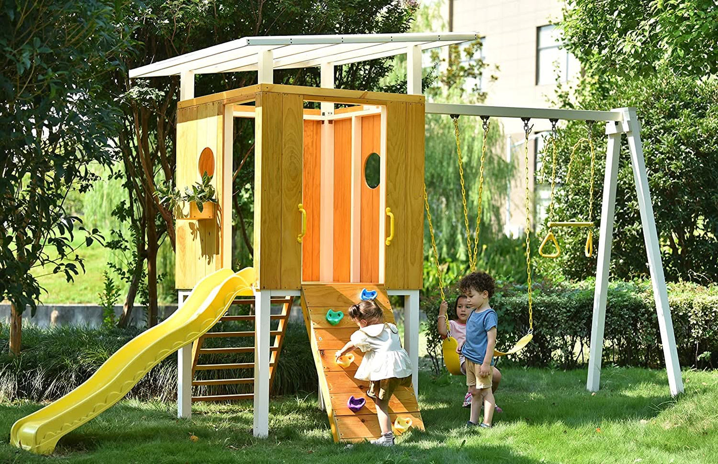 Backyard outdoor swing set with slide 2 swings & trapeze bar - The Nurturing Nook