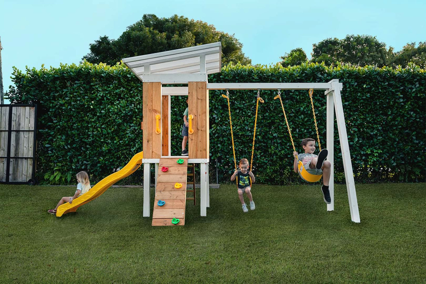 Backyard outdoor swing set with slide 2 swings & trapeze bar - The Nurturing Nook