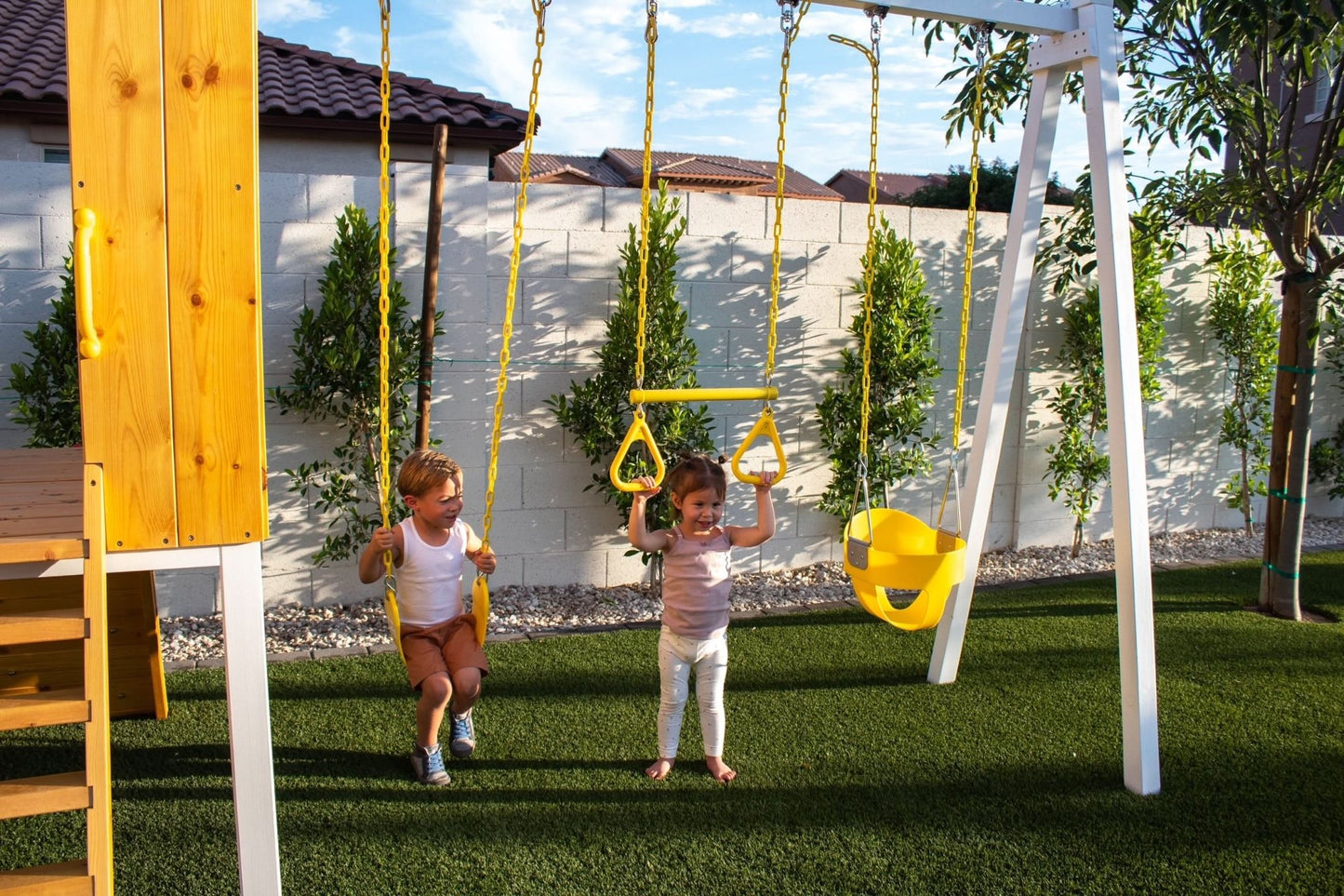 Backyard outdoor swing set with slide 2 swings & trapeze bar - The Nurturing Nook