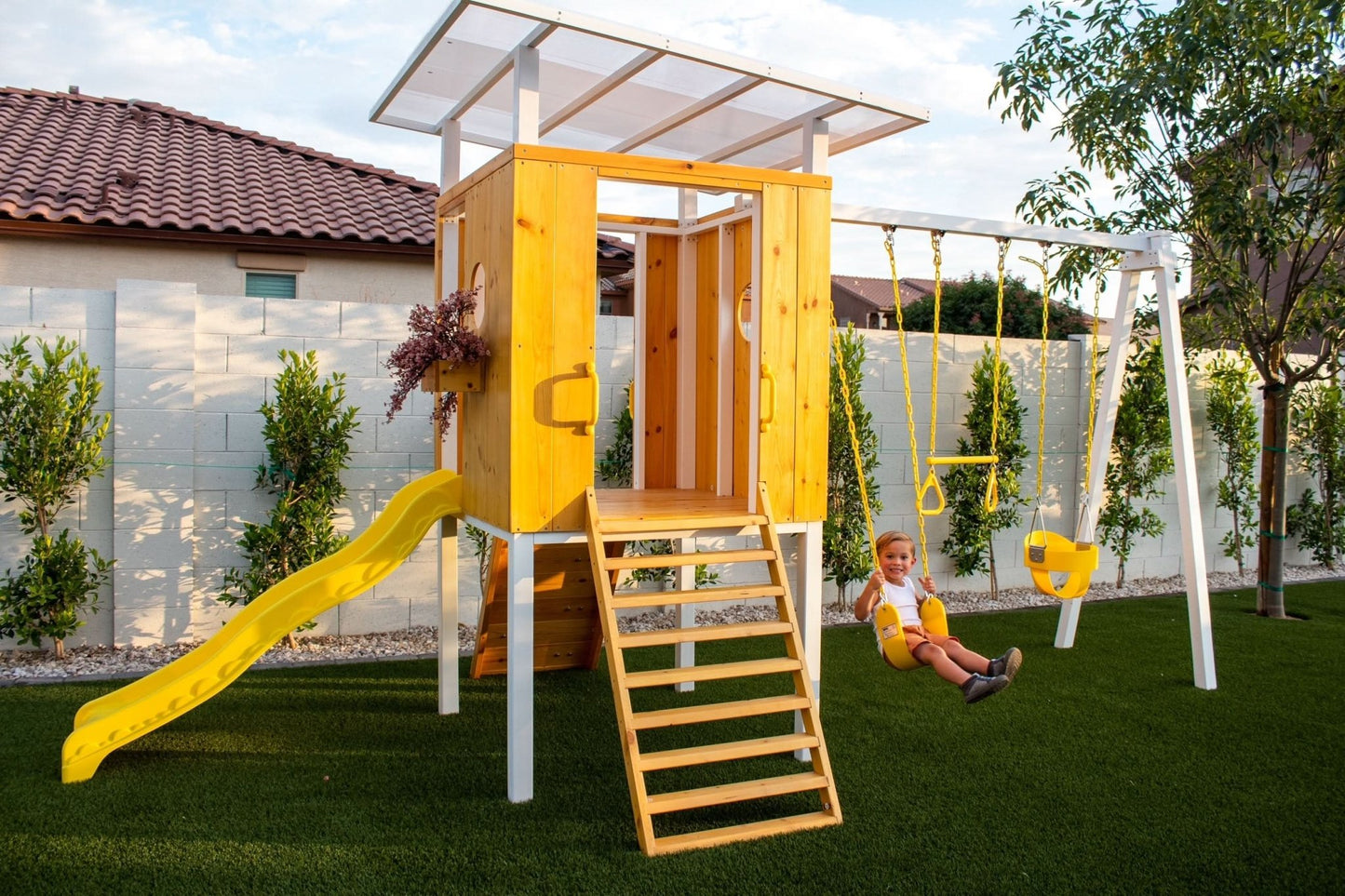 Backyard outdoor swing set with slide 2 swings & trapeze bar - The Nurturing Nook