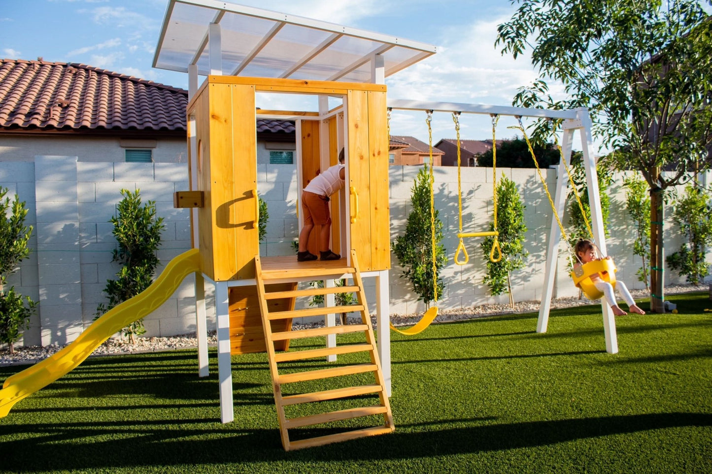 Backyard outdoor swing set with slide 2 swings & trapeze bar - The Nurturing Nook