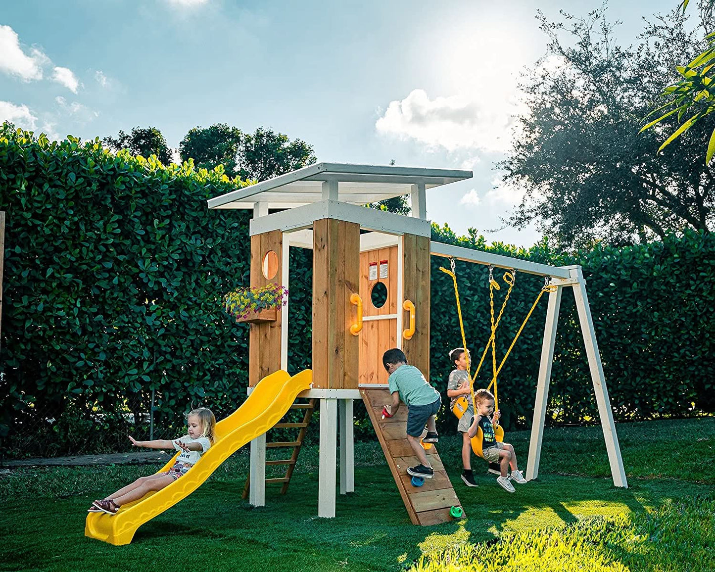 Backyard outdoor swing set with slide 2 swings & trapeze bar - The Nurturing Nook