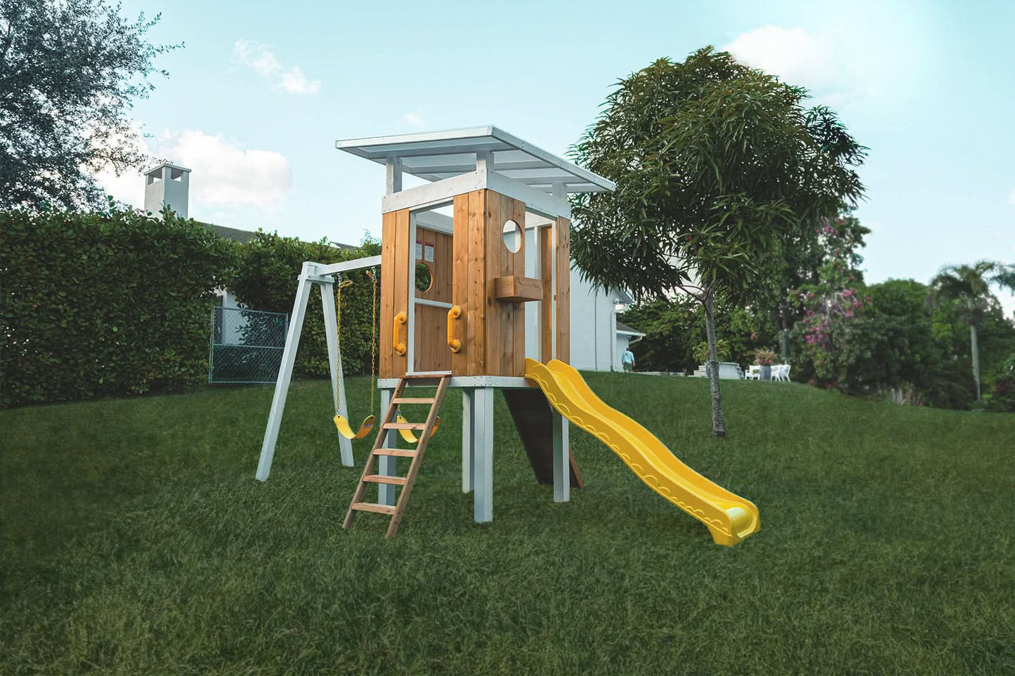 Backyard outdoor swing set with slide 2 swings & trapeze bar - The Nurturing Nook